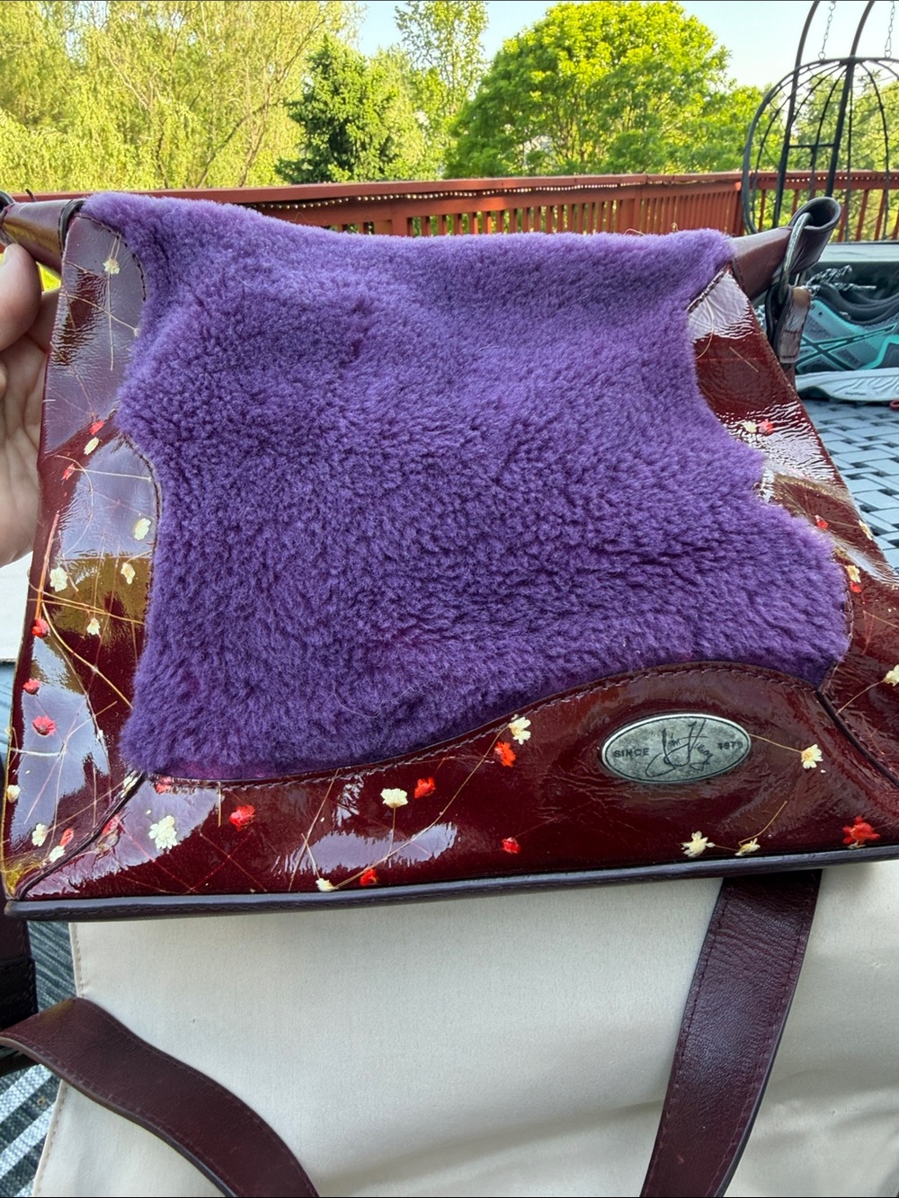 John Fluevog “Susan” Floral Shearling Sling Bag